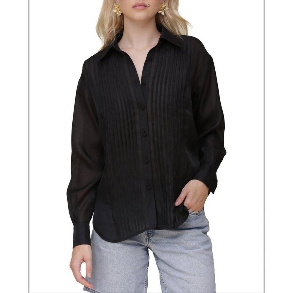 Avec‎ Les Filles Black Top Women's Blouse Button Front Long Sleeve Size S